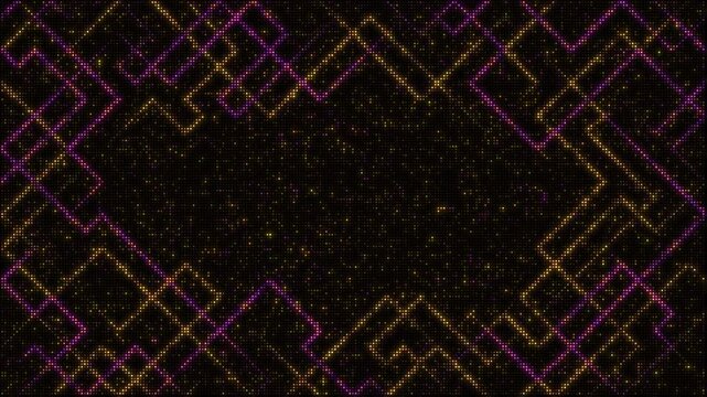 Abstract led flashing lights panel backdrop set, geometric animated gold and pink glowing pattern, seamless loop video animation. Bulb, lamps, wall of lights motion graphics.