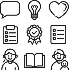Parenting Tips Outline Icons Set Speech Bubble, Light Bulb, Heart, Checklist, Ribbon Badge, Open Book, and Smiling Parent-Child