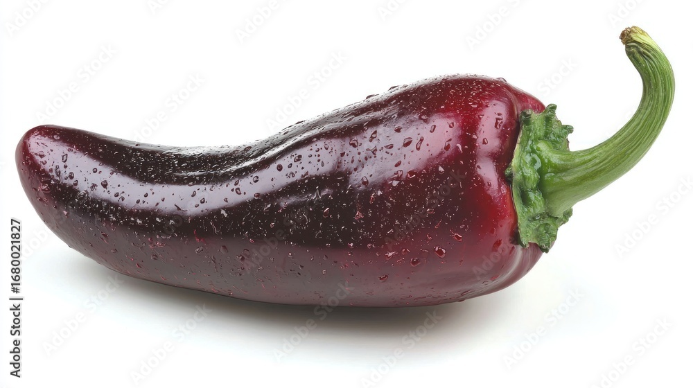 Poster a single ripe red pepper with a green stem and leaf, placed on a white background with a soft shadow