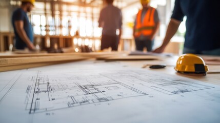 Blueprint for construction or renovation project laid  on blurred background