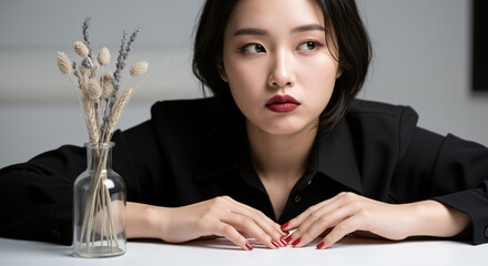 A young, stylish woman with a thoughtful expression looks away from the camera, her red nails and lipstick contrasting with her black shirt and the neutral background.