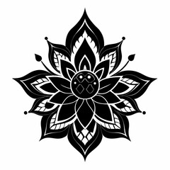 Mystic Ethnic Bloom Black Silhouette Vector Illustration on White Background