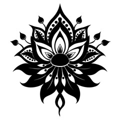 Mystic Ethnic Bloom Black Silhouette Vector Illustration on White Background