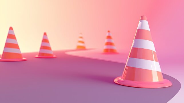 Colorful Traffic Cones on Smooth Surface in Soft Pink Gradient Background