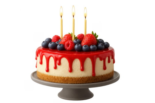 Delicious cheesecake with lit candles, berries and red glaze on transparent background