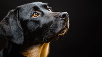A black and brown dog with a black background, looking up with a curious expression.