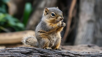 A squirrel with a nut in its mouth, perched on a log in a forest setting.
