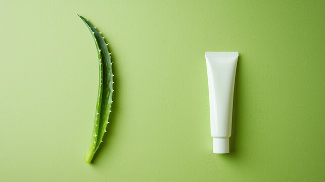 Aloe Vera Leaf and Cream Tube on Green Background for Skincare