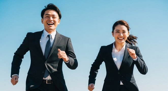 就職活動で未来へ向けて走り出す、リクルートスーツを着用した若者たち