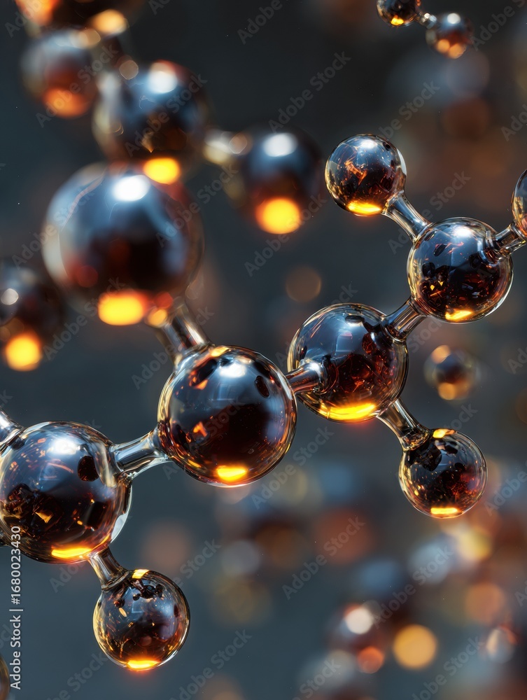 Poster molecular structure showcasing intricate patterns and reflections in a dark environment highlighting