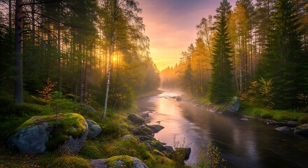 Obraz premium Golden Sunrise Over Misty Forest River.