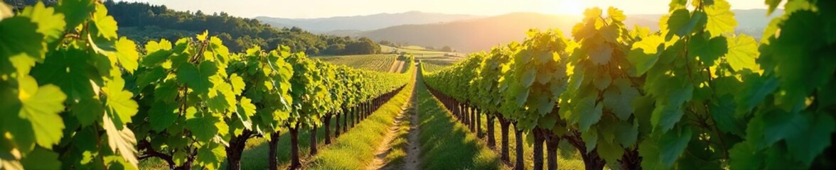 Fototapeta premium Rows of lush green grapevines stretching across a sun-drenched hillside, ready for harvest A picturesque vineyard scene perfect for wine country tourism and labels , vineyard, vines