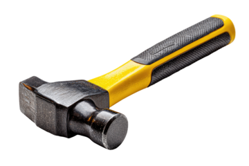 Close-up of a claw hammer with a yellow and black handle.  The head is dark gray metal, and the handle is ergonomically designed