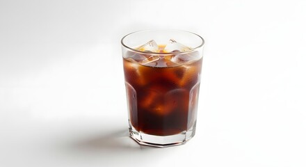 Refreshing glass of dark iced beverage with ice cubes, perfect for summer hydration on a clean background