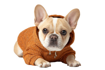 Fototapeta premium French Bulldog in Orange Hoodie Sweater on Transparent Background
