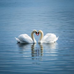 Two swans facing each other in a heart shape on tranquil water