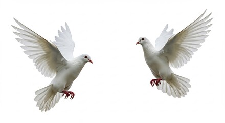 Obraz premium Two white doves gracefully soar against bright studio light. AI Generated
