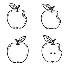 A set of four handdrawn apple illustrations in a simple black and white doodle style showing whole bitten and cored fruit.