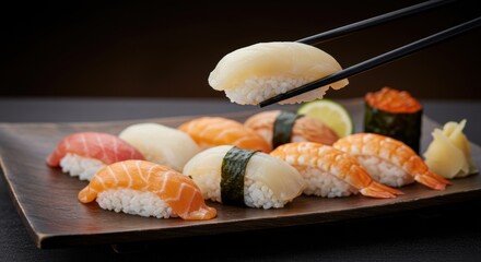 Assortment of colorful sushi nigiri with fresh salmon tuna and shrimp on a wooden plate with ginger and lime