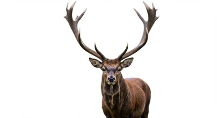 Naklejka premium Majestic stag powerfully stands against bright white background. AI Generated
