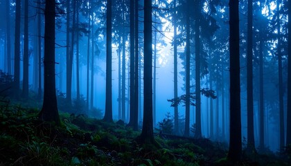 Misty blue forest scene