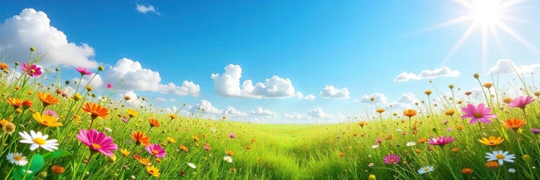 A vibrant summer meadow bursting with wildflowers under a bright blue sky Sun-drenched grasses sway gently in the breeze, creating a picturesque scene of natural beauty , beauty, picturesque, sun