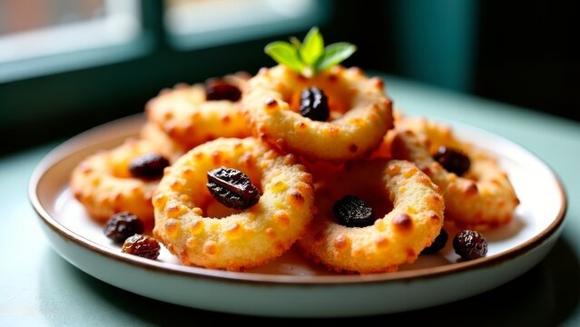 Sourdough frittelle with raisins on serving dish