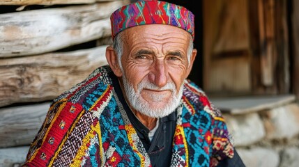 Obraz premium An elderly man wearing a colorful hat and traditional clothing, sitting in front of a wooden structure with a stone wall in the background, looking directly