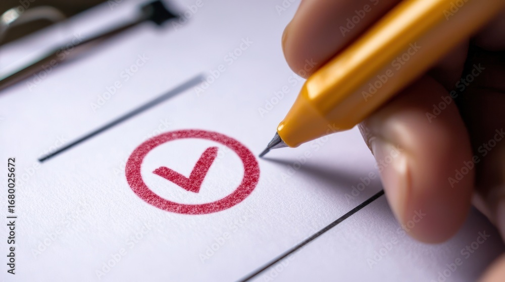 Poster a hand holding a pen over a checklist with a red checkmark, against a white background with a black 