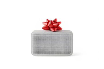 White wireless speaker with red bow on transparent background