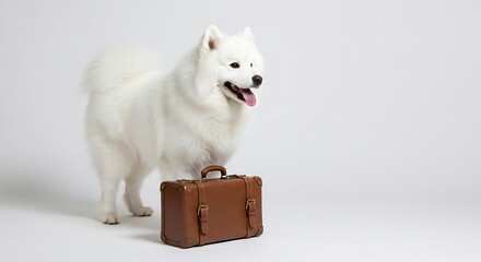 Fluffy white dog patiently waits near vintage suitcase ready for adventure under soft studio lighting. AI Generated