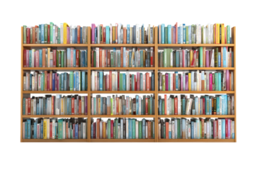 Wooden Bookshelf Filled with Colorful Books on Transparent Background