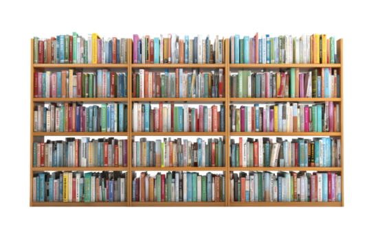 Wooden Bookshelf Filled with Colorful Books on Transparent Background