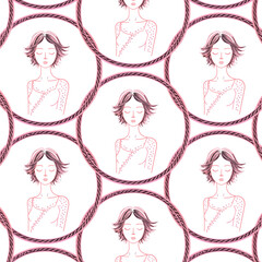 Patterned illustration featuring serene female figures with closed eyes, surrounded by circular frames, showcasing a harmonious design with soft lines and gentle colors for artistic expression