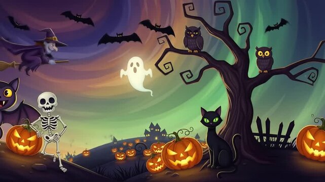 Spooky Halloween Night with Cartoon Characters and Pumpkins.