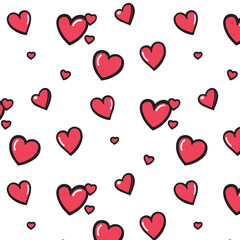 Colorful hearts in various sizes scattered across a white background, creating a playful and cheerful atmosphere, perfect for romantic themes and celebrations