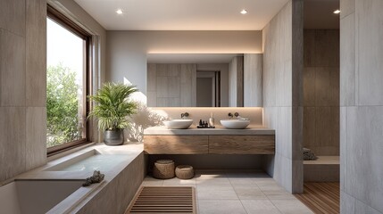 A modern bathroom featuring a natural wood vanity, dual sinks, large mirror, and a window with greenery, creating a serene and stylish atmosphere.