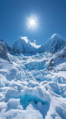 Obraz premium Glacier view with snow-capped mountains under a clear blue sky with a bright sun. AI.