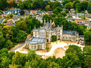 Highcliffe Castle from drone, Highcliffe, Dorset, England