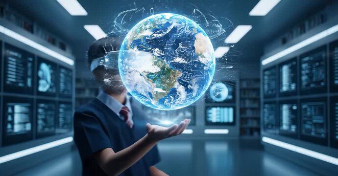 A kid boy learns online using futuristic technology. The concept of the integration of advanced digital tools in education, and learning experiences for the future generation. Generative AI.