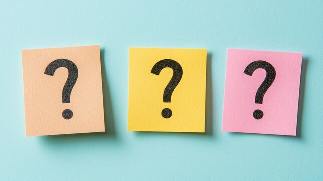 Three sticky notes with question marks on them, arranged in a row on a blue background.