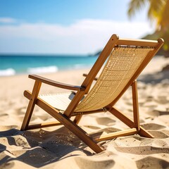 Empty Wooden Beach Chair on Sandy Shoreline with Ocean Waves and Palm Tree.