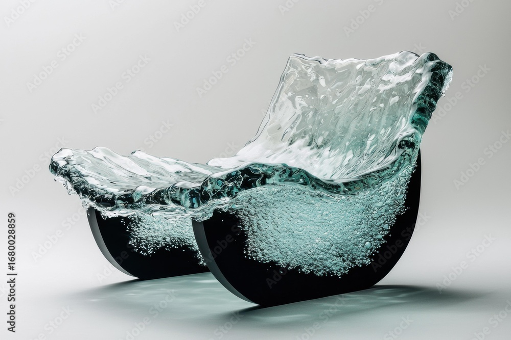 Poster water wave sculpture with a black base. the wave appears to be frozen in time. clear bubbles are vis