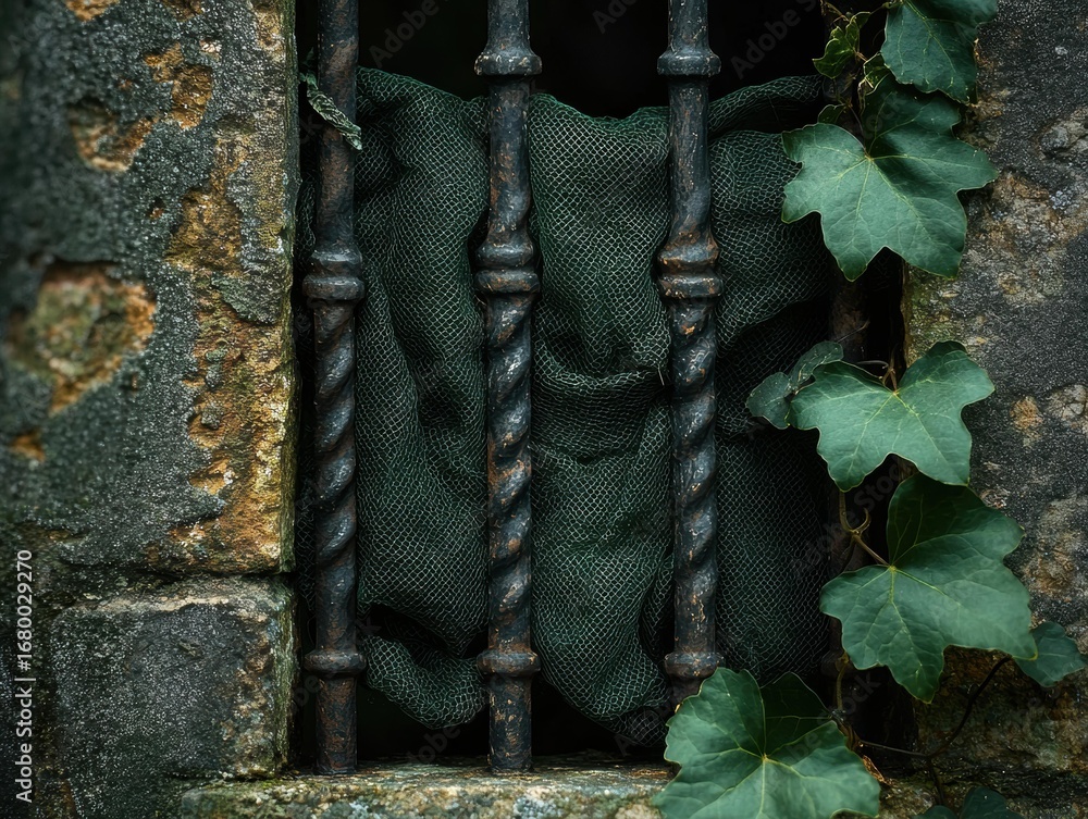 Poster a barred window is partly covered with green netting and ivy. the stone around the window is texture
