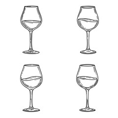 A set of four handdrawn sketchstyle wine glasses filled with wine presented in a vintage engraving style.