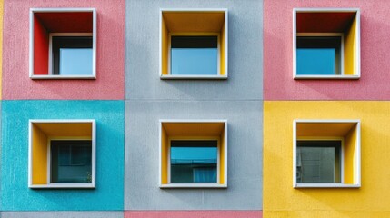 A colorful building facade with six windows, each with a different color, against a pink, yellow, and blue background. The windows are rectangular and have a grid-like pattern.