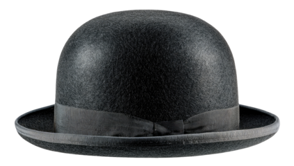 Dark gray bowler hat, smooth texture, dark ribbon band