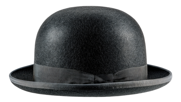 Dark gray bowler hat, smooth texture, dark ribbon band