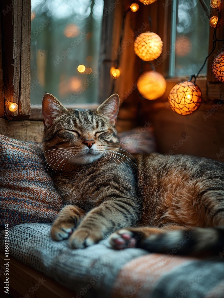 Poster a tabby cat rests on a pillow near a window with string lights, eyes closed. ai.