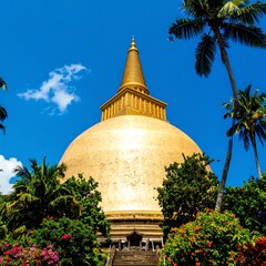 Golden Stupa Temple Surrounded by Lush Greenery and Palm Trees Under a Blue Sky.